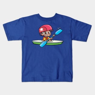 boy paddles in a canoe in sports equipment on fast waters Kids T-Shirt